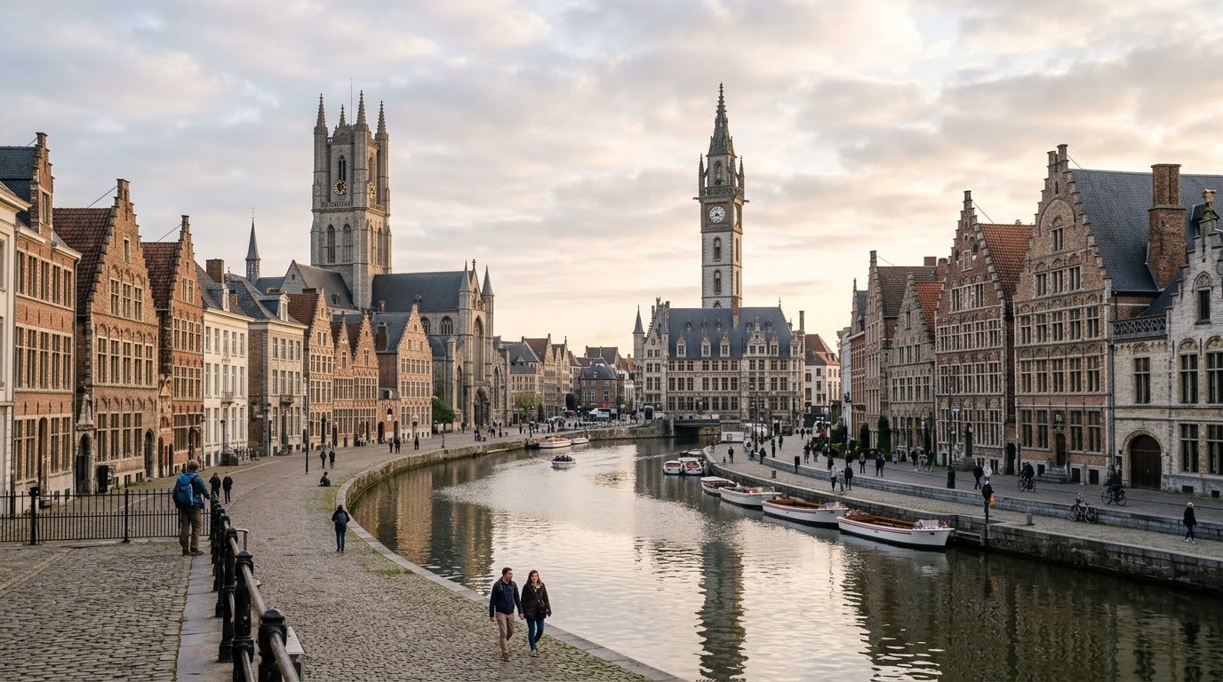Ghent towers above the Leie river on a day trip from Bruges