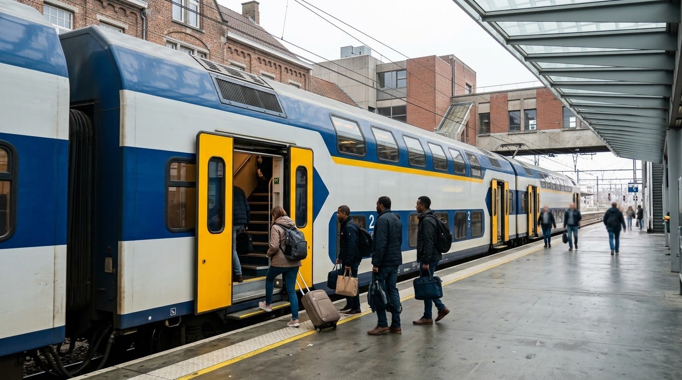 Belgian double-decker train at Bruges station ready for a day trip