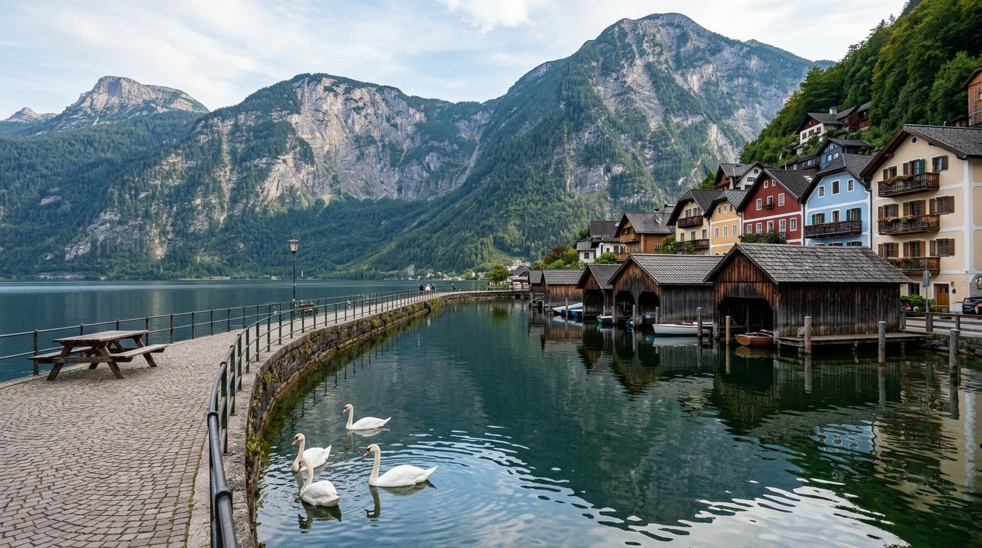 Hallstatt lakeside promenade with swans and wooden boathouses on a budget walk