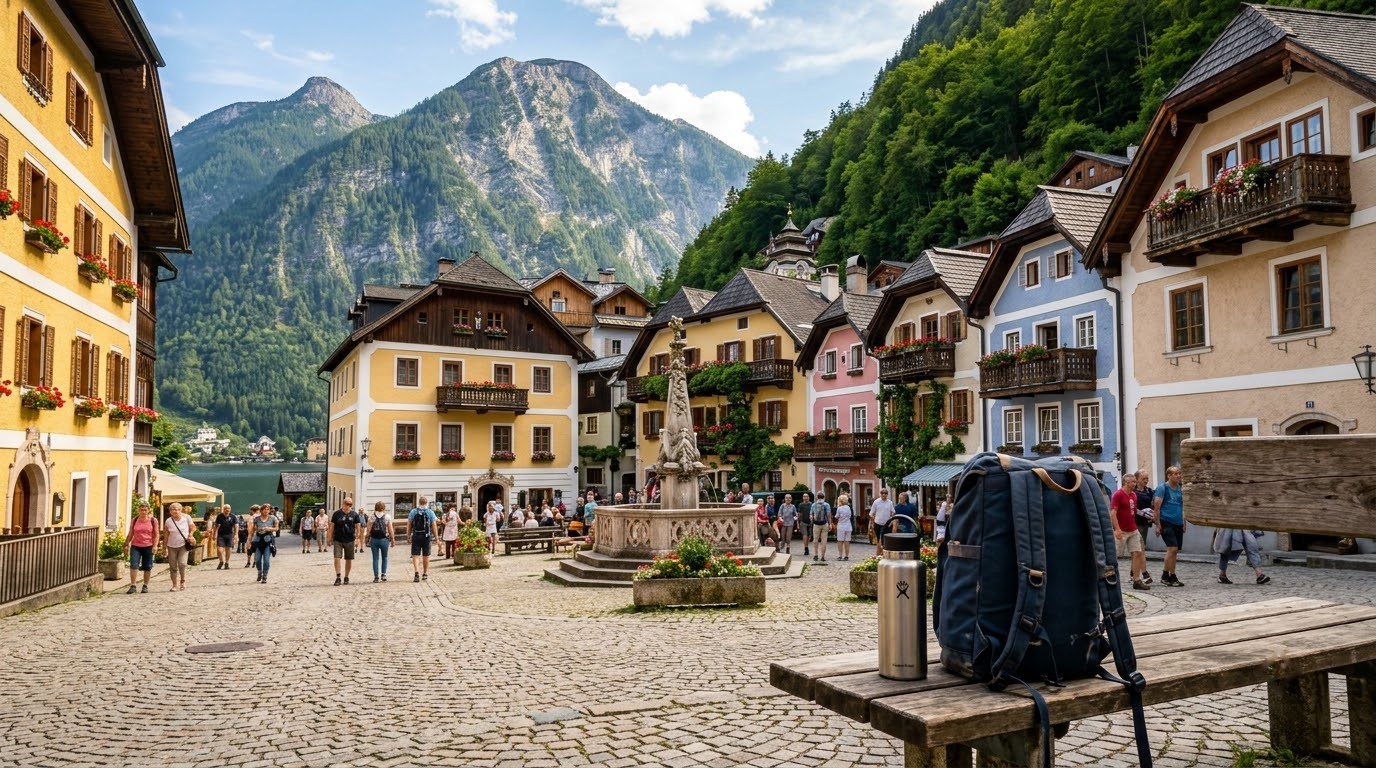 Painted houses on the Marktplatz square in Hallstatt with day-trippers
