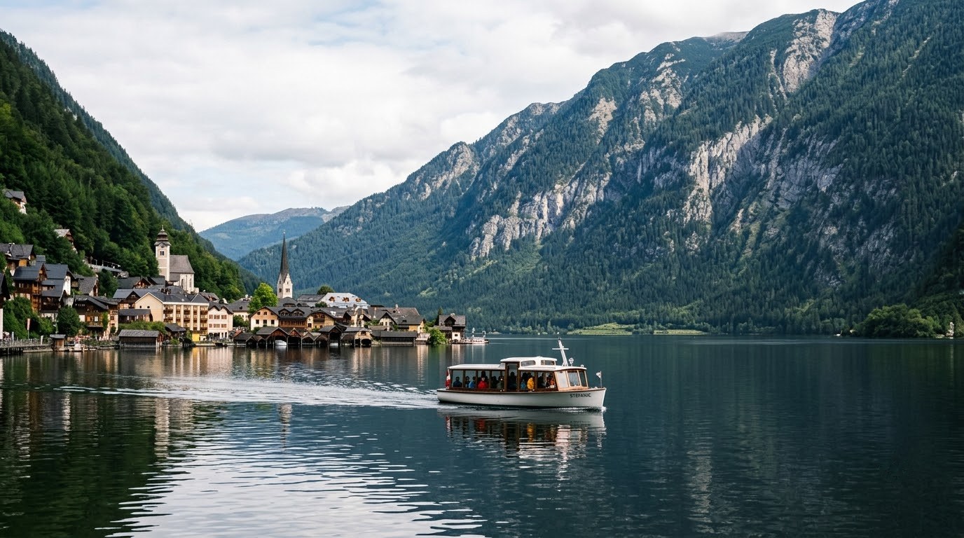 Ferry crossing Lake Hallstatt from the train station to the village