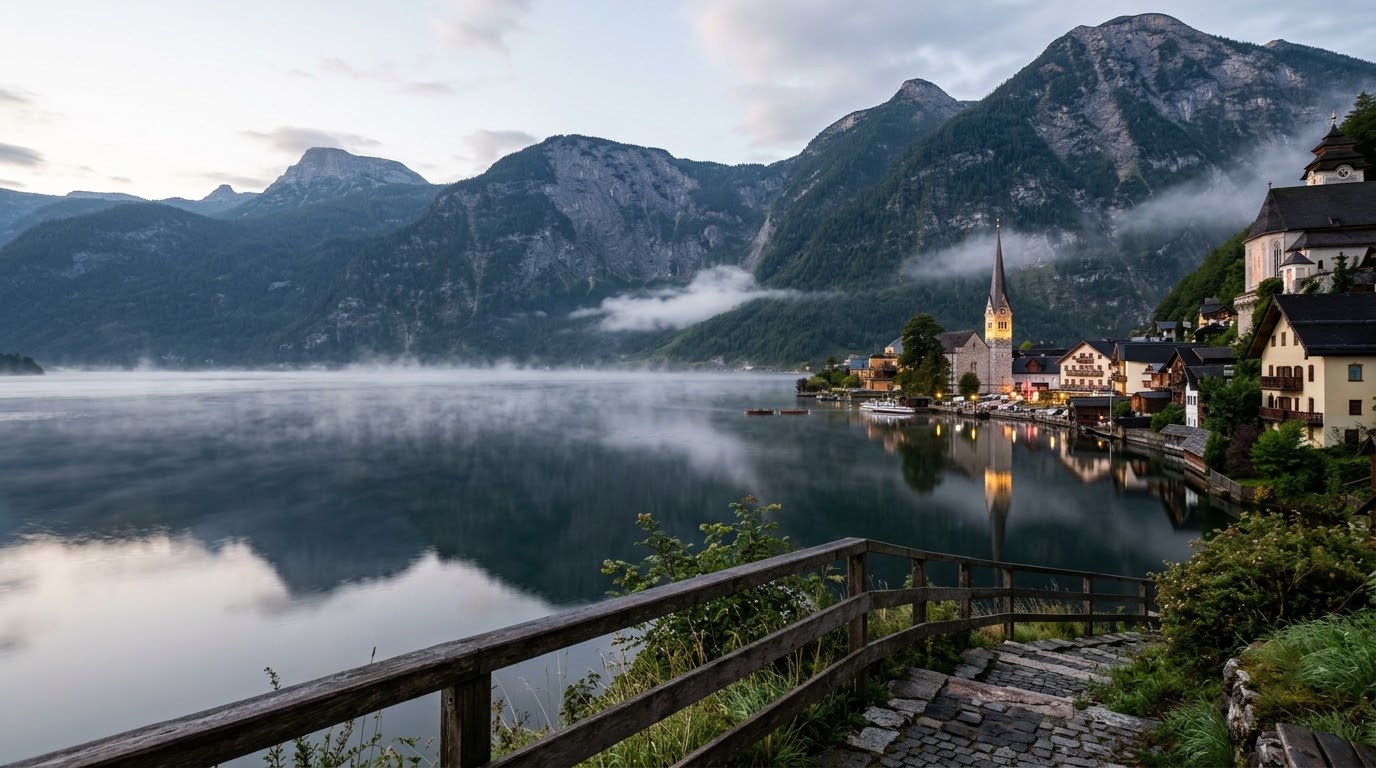 Misty early morning over Lake Hallstatt and the village