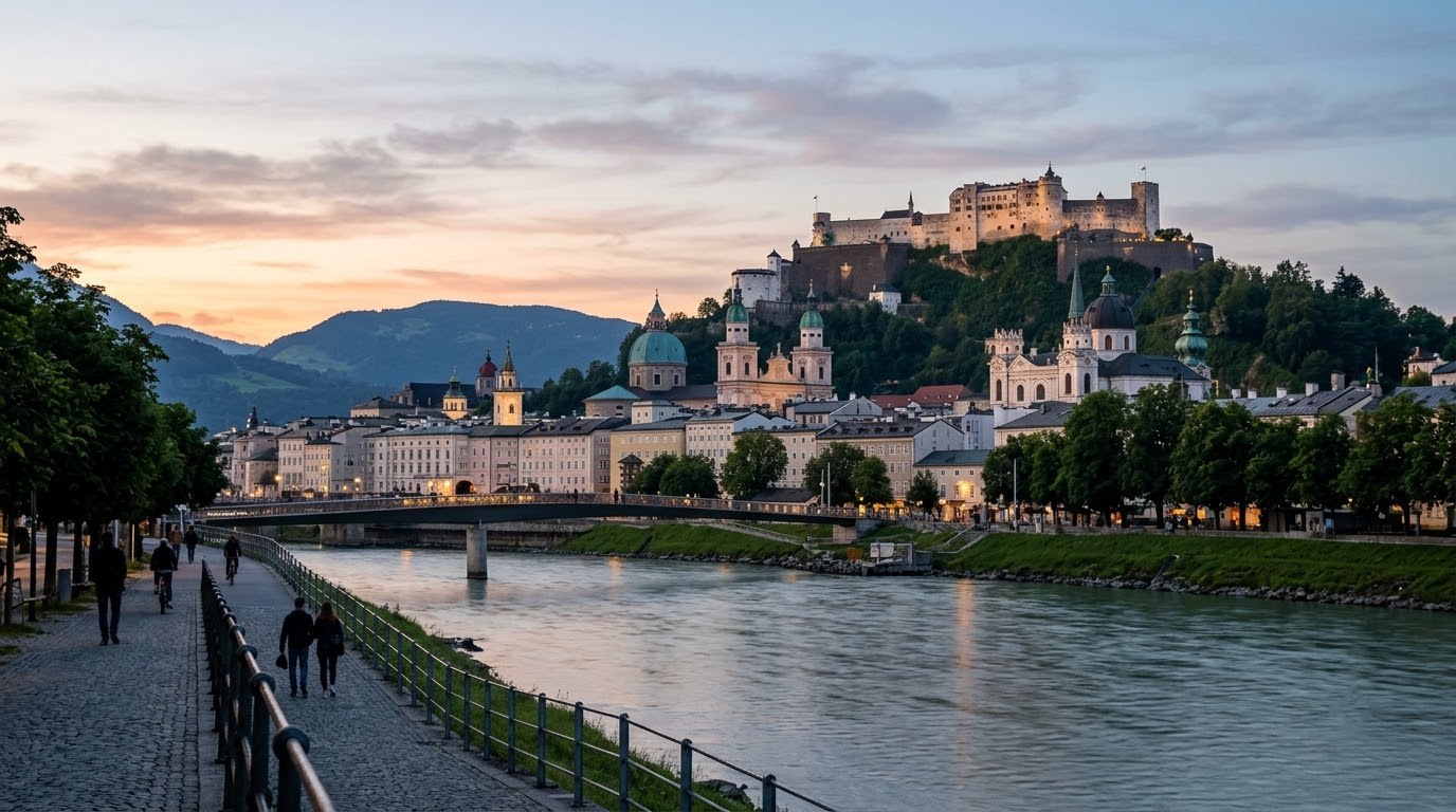 Salzburg old town and fortress at dawn before a Hallstatt day trip