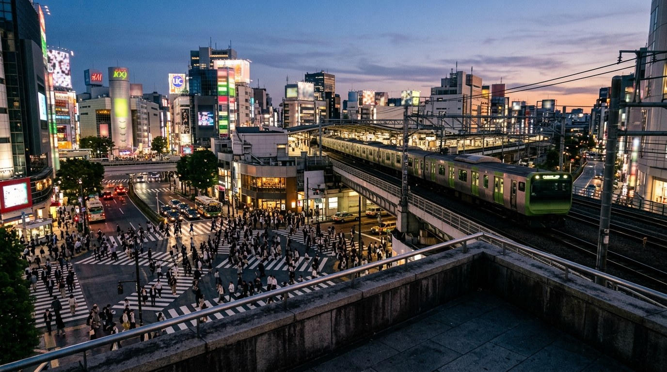 JR train above Shibuya crossing in Tokyo at dusk