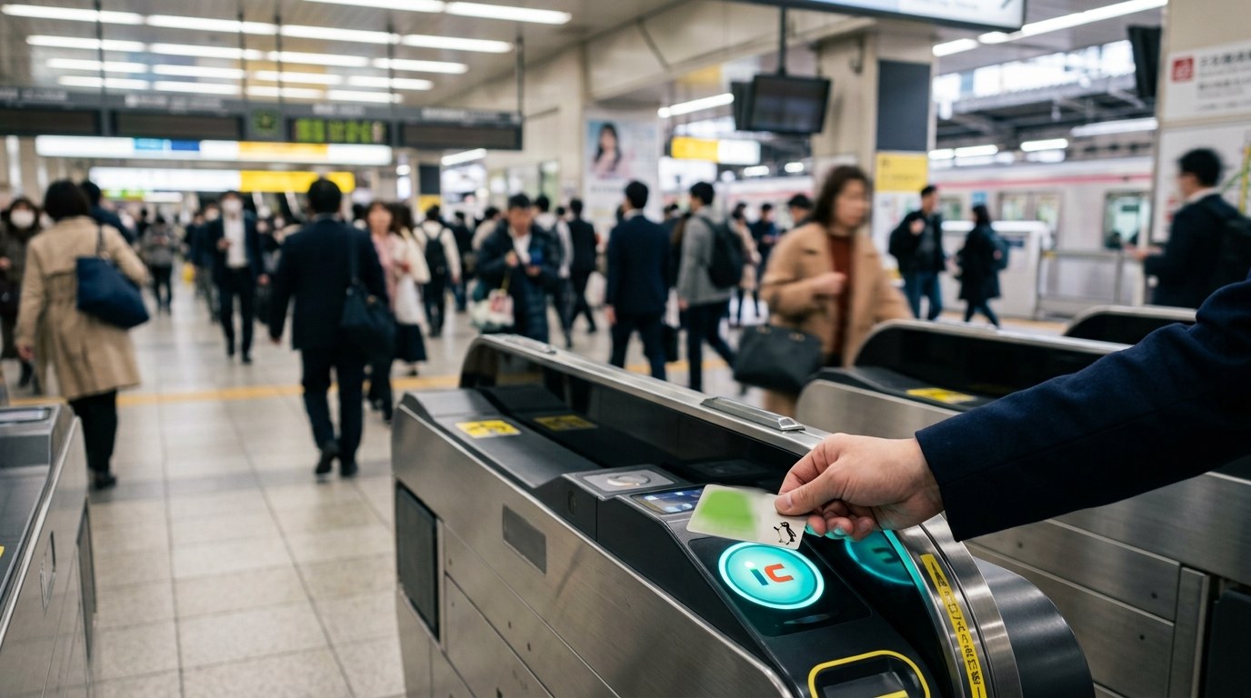 Tapping a Suica card at a Tokyo station ticket gate
