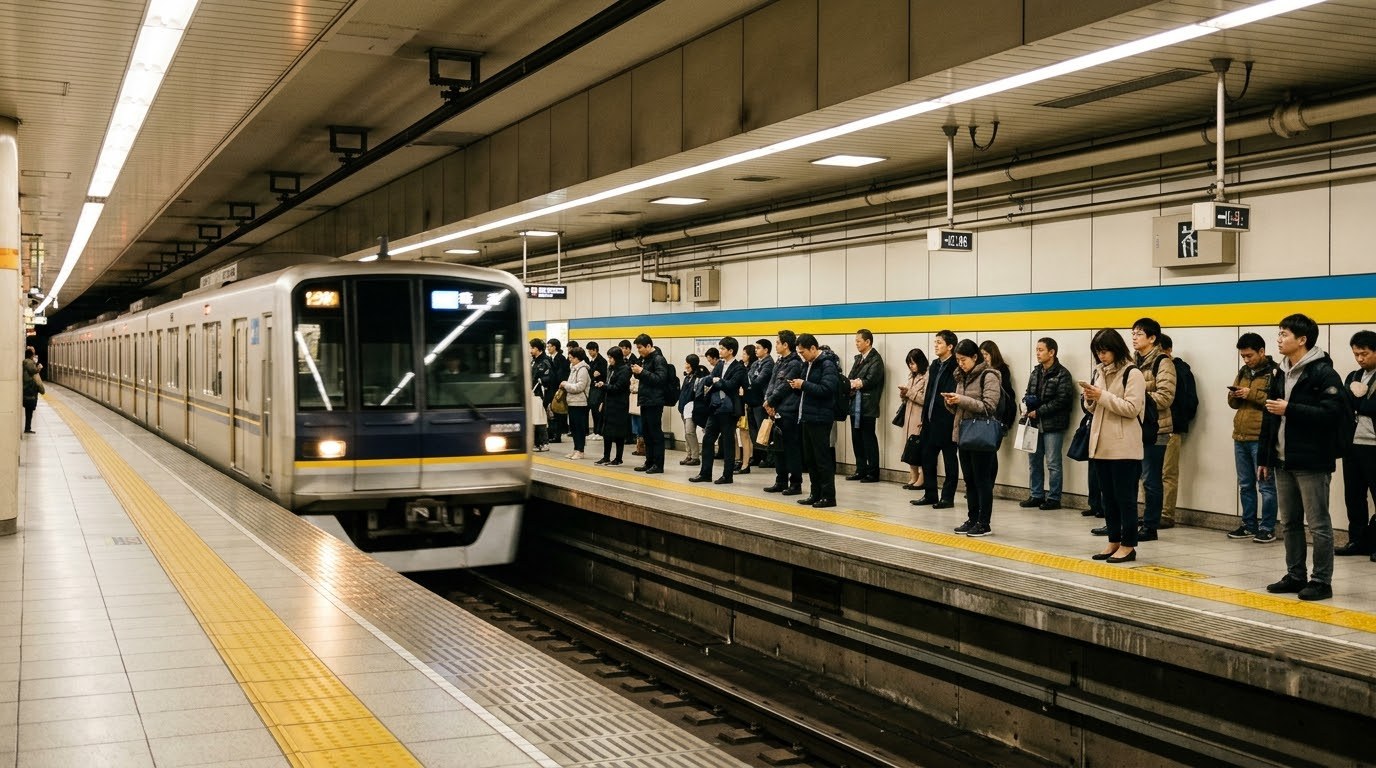 Tokyo Metro train arriving at an underground platform