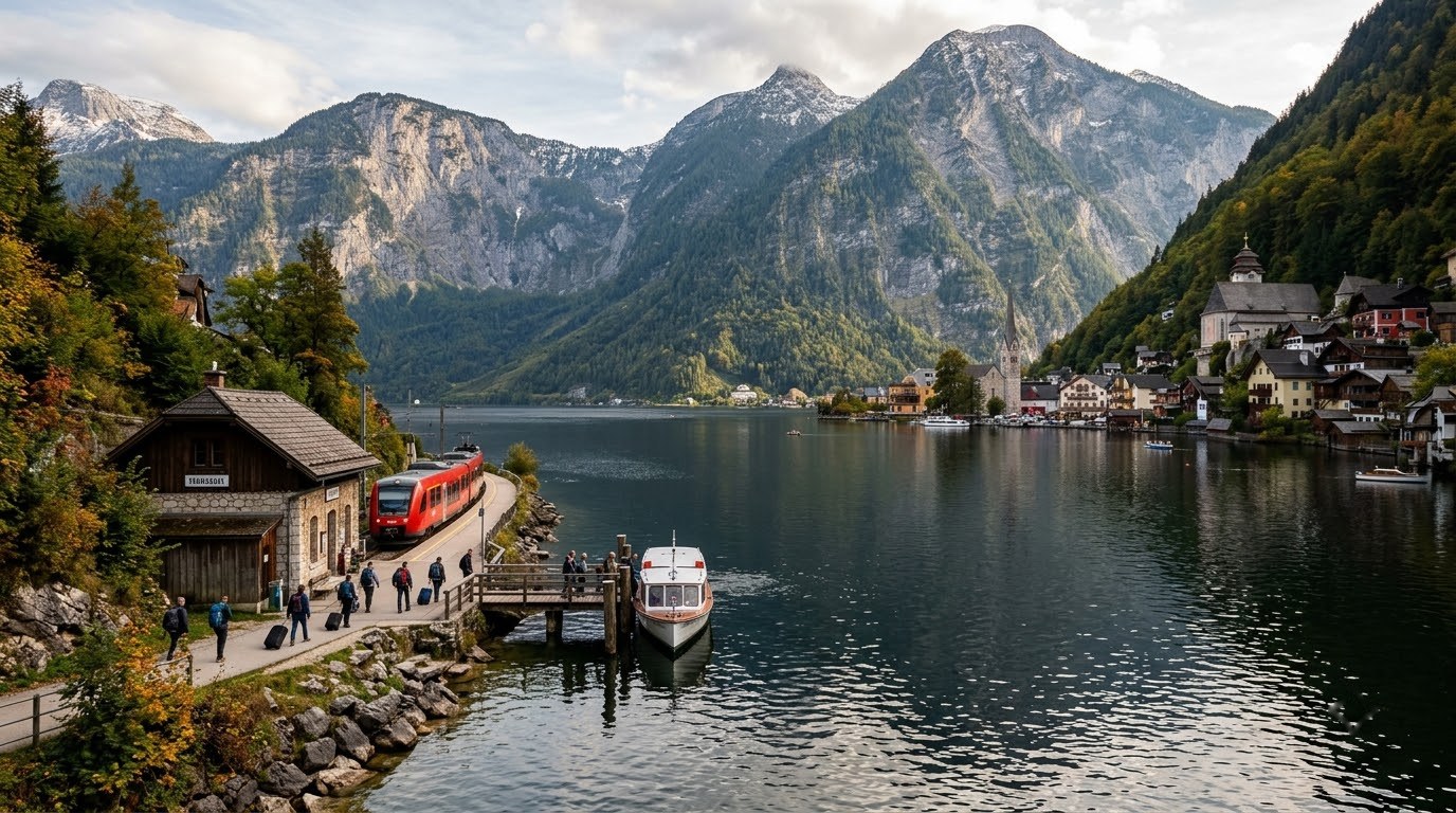 Hallstatt station and ferry across the lake to the village