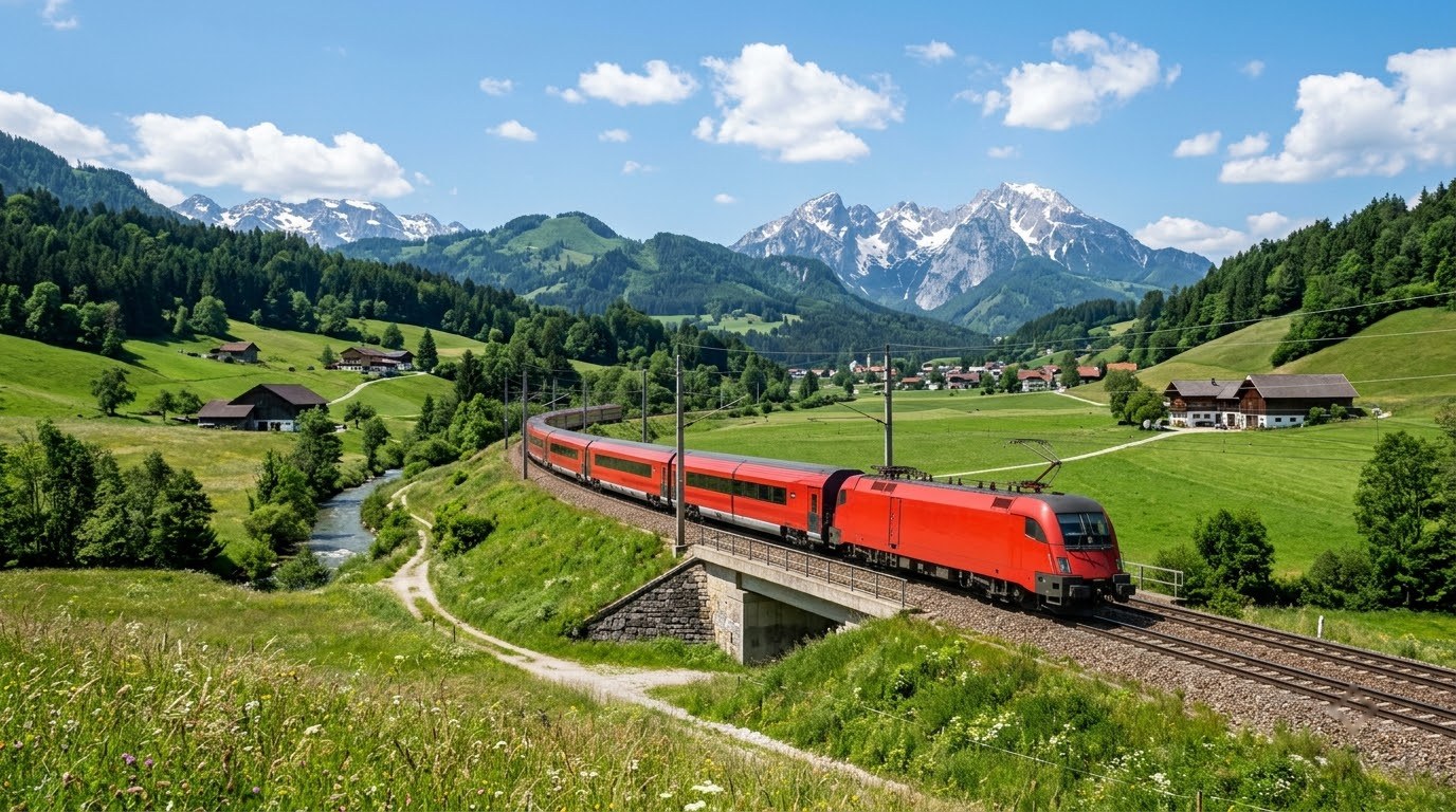 Austrian Railjet train on the route from Vienna to Hallstatt