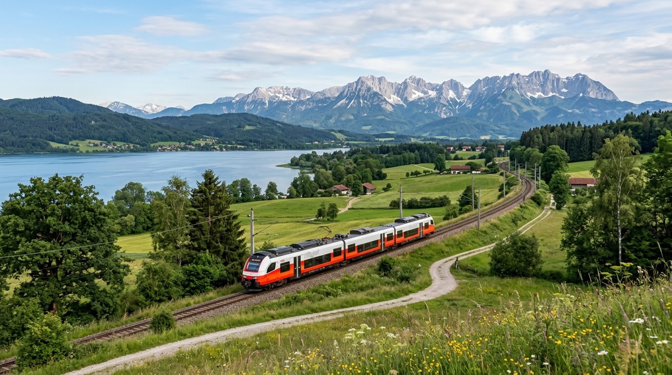 Train crossing Bavaria on the Munich to Salzburg route to Hallstatt