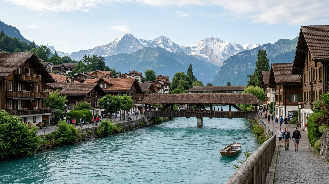 Turquoise Aare river flowing between chalets through the town of Interlaken