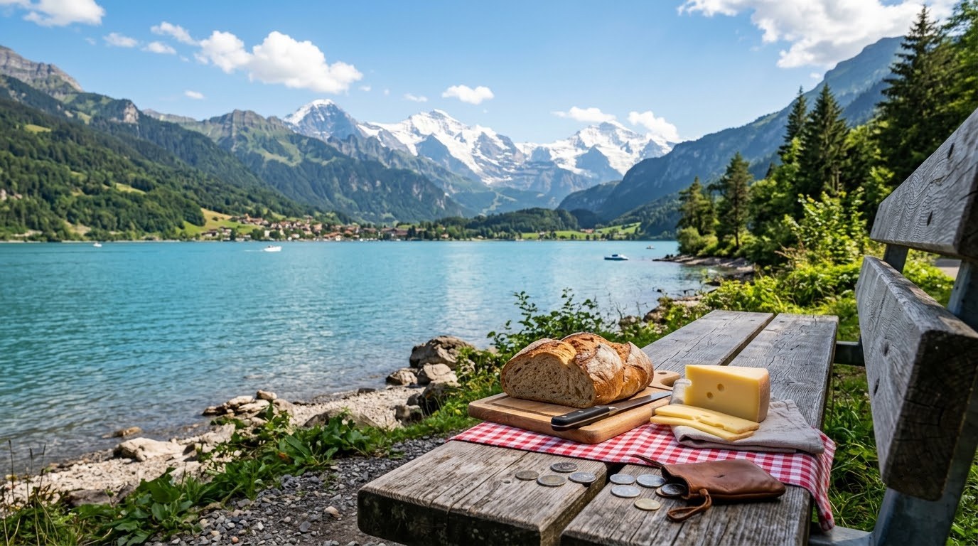 Budget picnic by Lake Brienz with Swiss francs near Interlaken