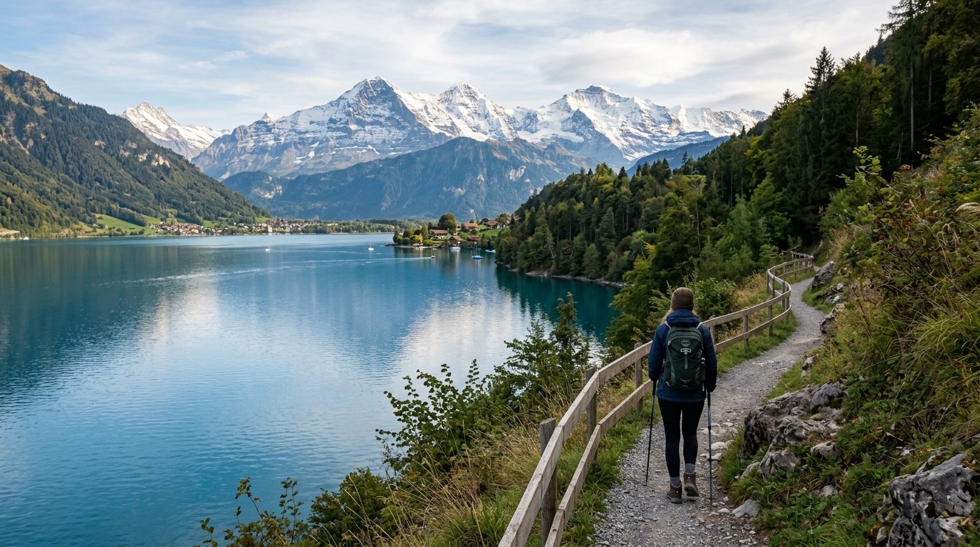 Budget backpacker walking by Lake Thun near Interlaken with snowy peaks
