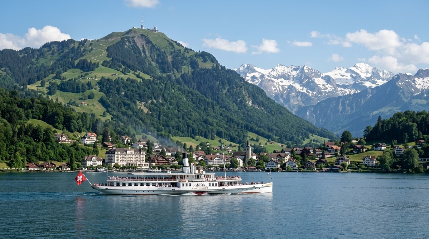 Paddle steamer on Lake Lucerne near Weggis in Switzerland