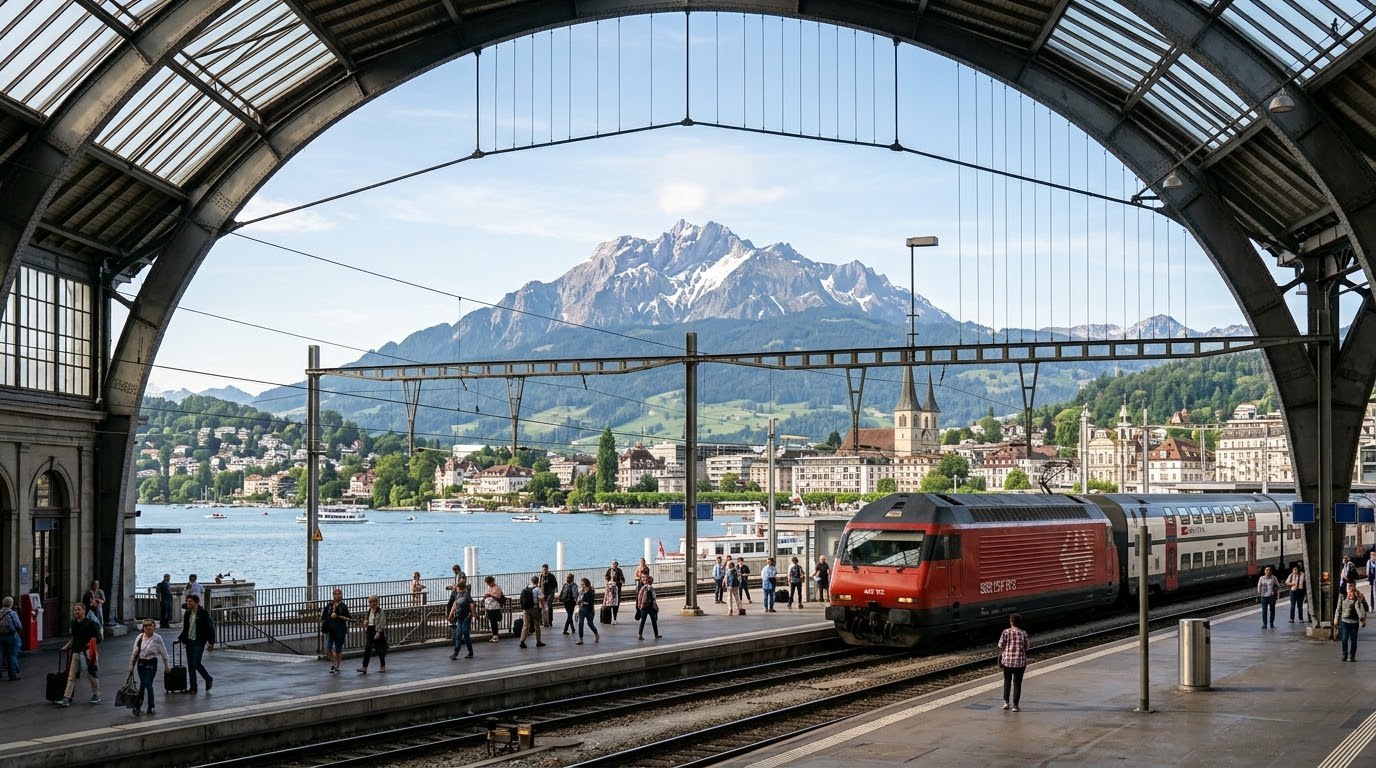 Swiss train at Lucerne station beside the lake