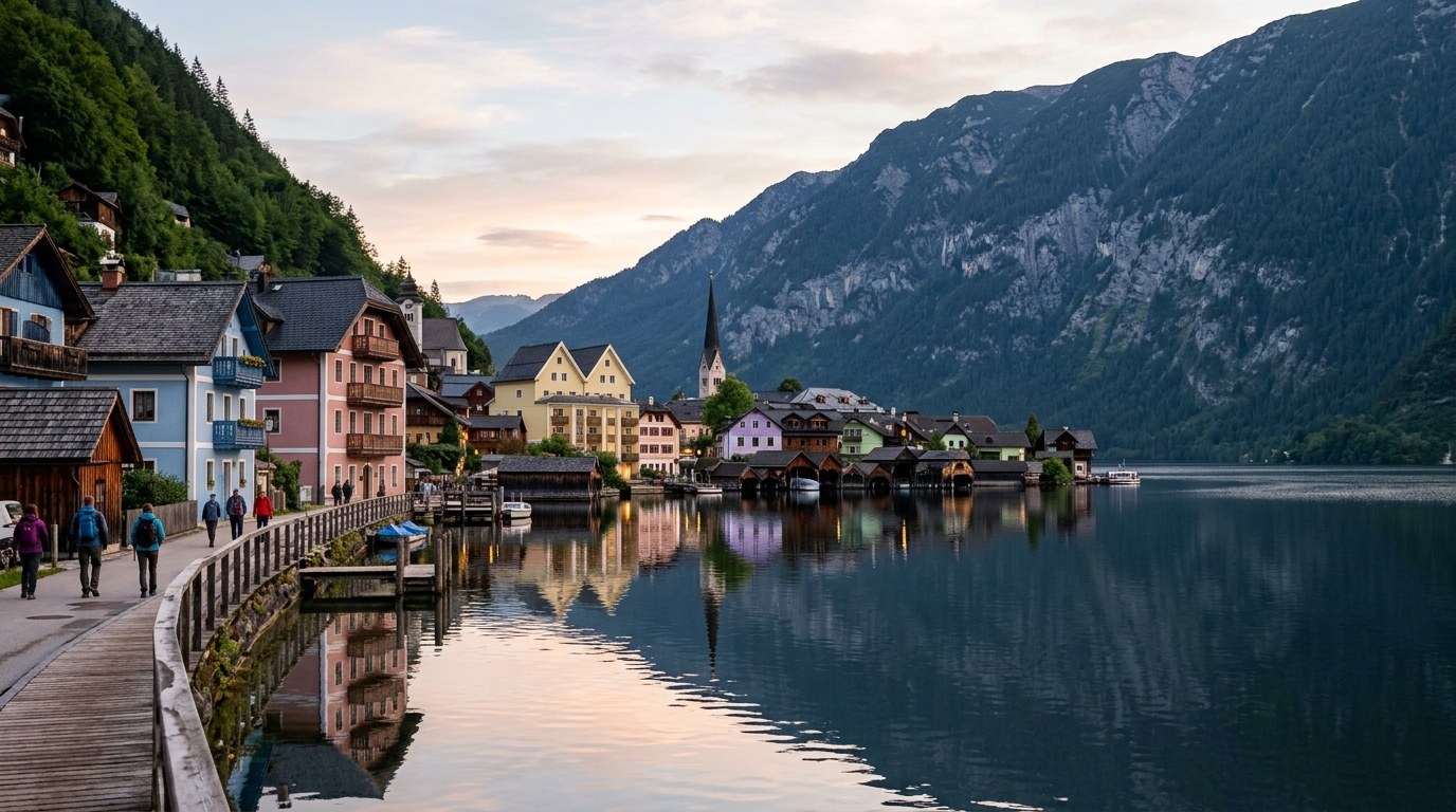 Hallstatt village and church spire reflected in calm Lake Hallstatt at dawn