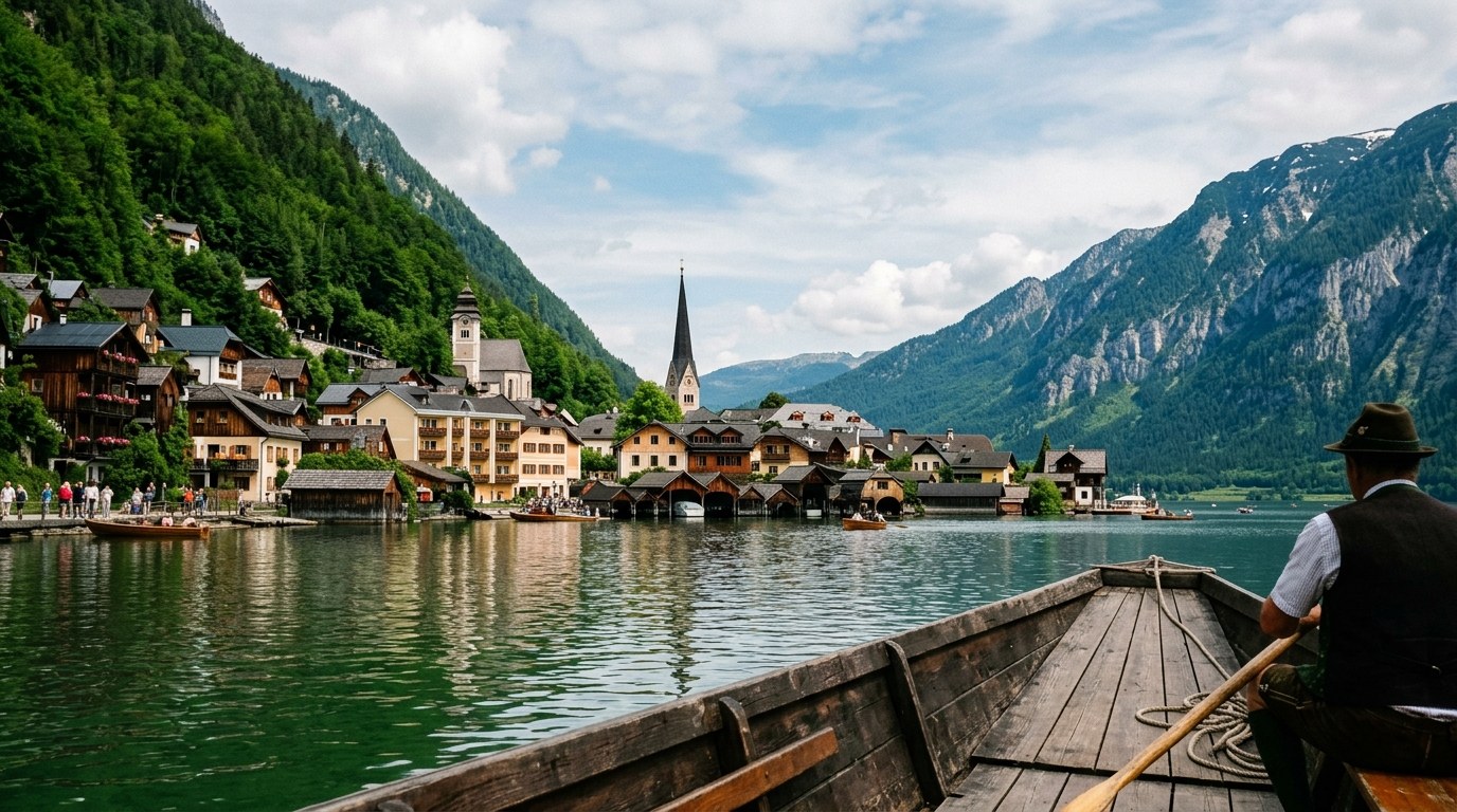 Hallstatt Lutheran church and lakeside houses seen from a wooden boat
