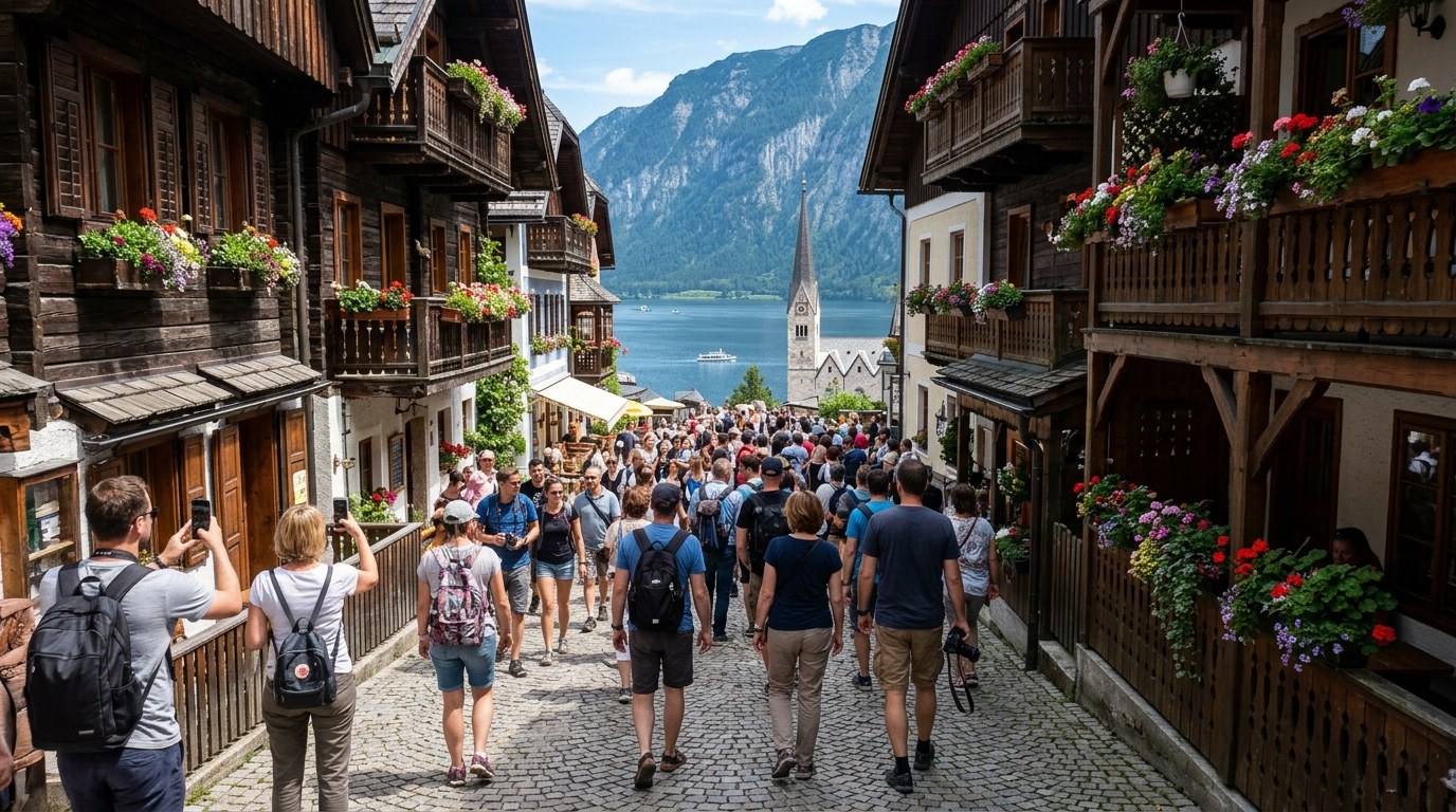 Crowded narrow lane in Hallstatt old centre with tour groups at midday