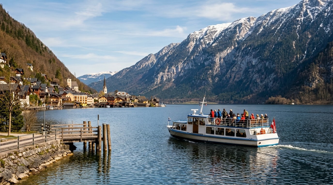 Passenger ferry carrying day-trippers across Lake Hallstatt toward the village
