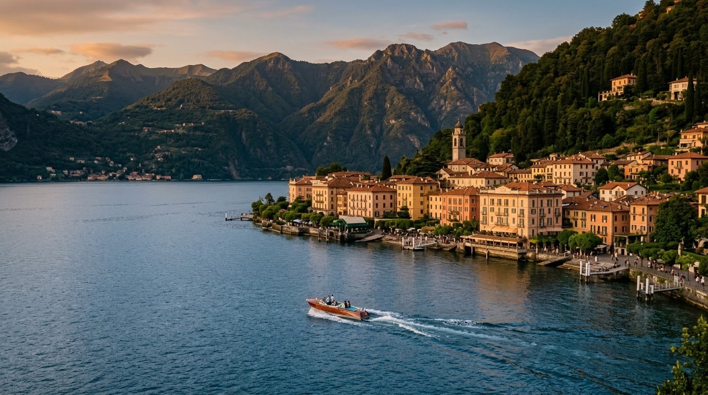 Bellagio villas on the shore of Lake Como at golden hour
