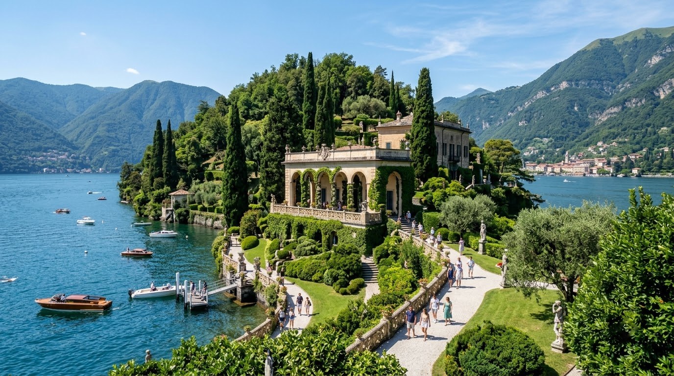 Villa del Balbianello gardens on a wooded peninsula of Lake Como