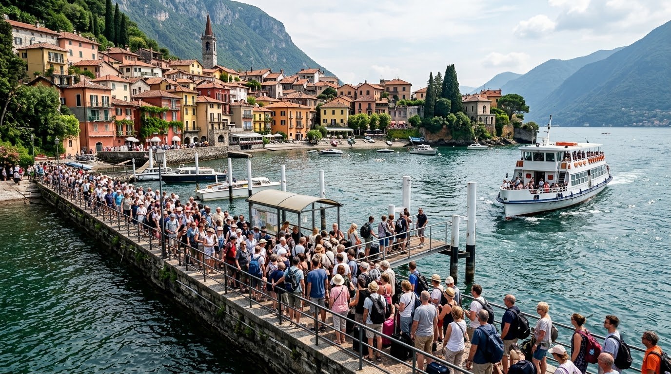 Tourists queuing at the crowded Varenna ferry pier on Lake Como in summer