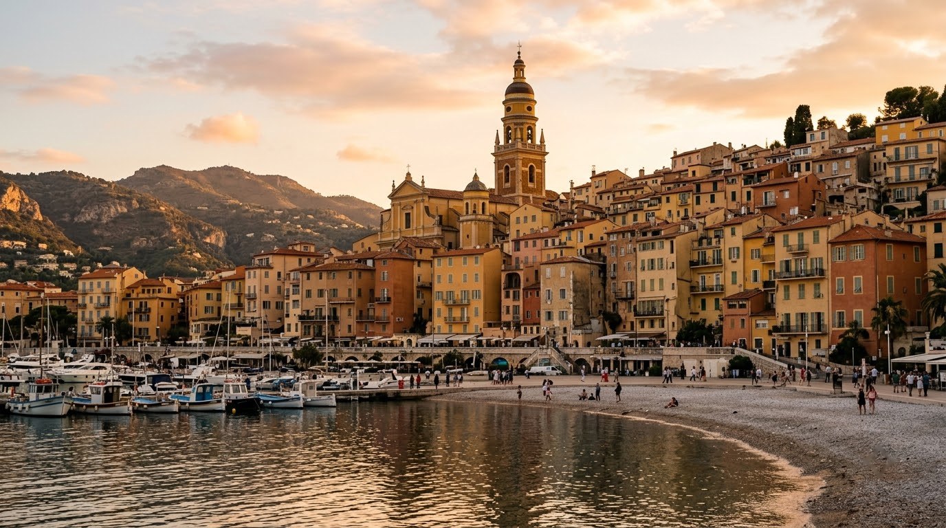 Menton old town and Saint-Michel basilica above the harbour at golden hour