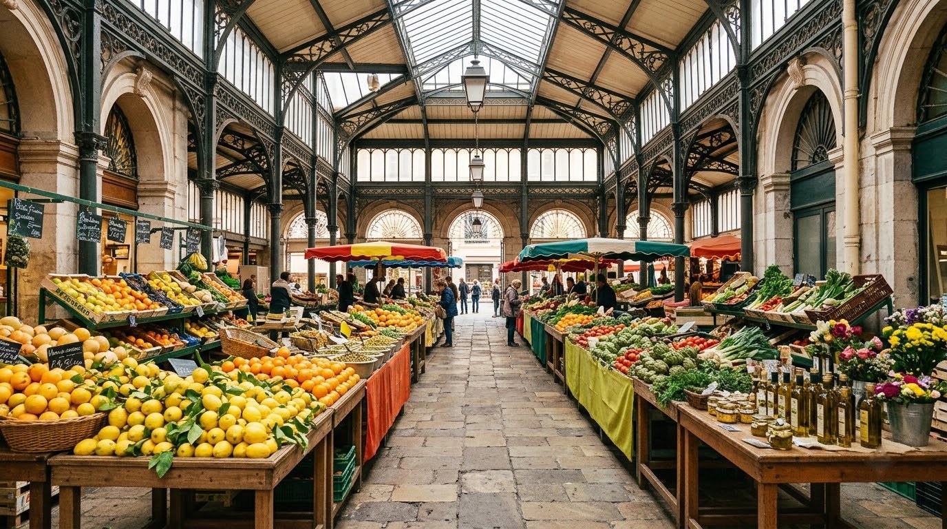Local lemons and Provencal produce at the covered market in Menton