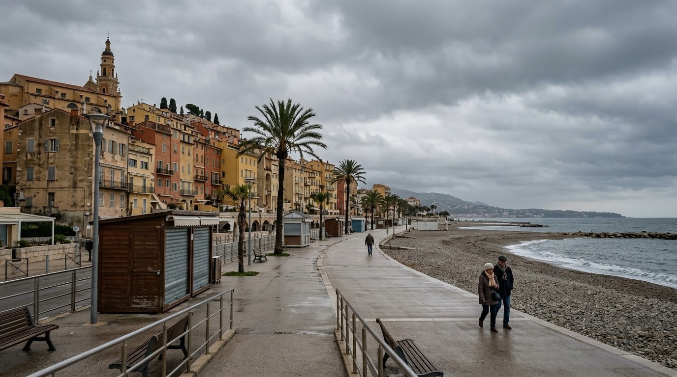 Quiet Promenade du Soleil in Menton on a grey off-season afternoon