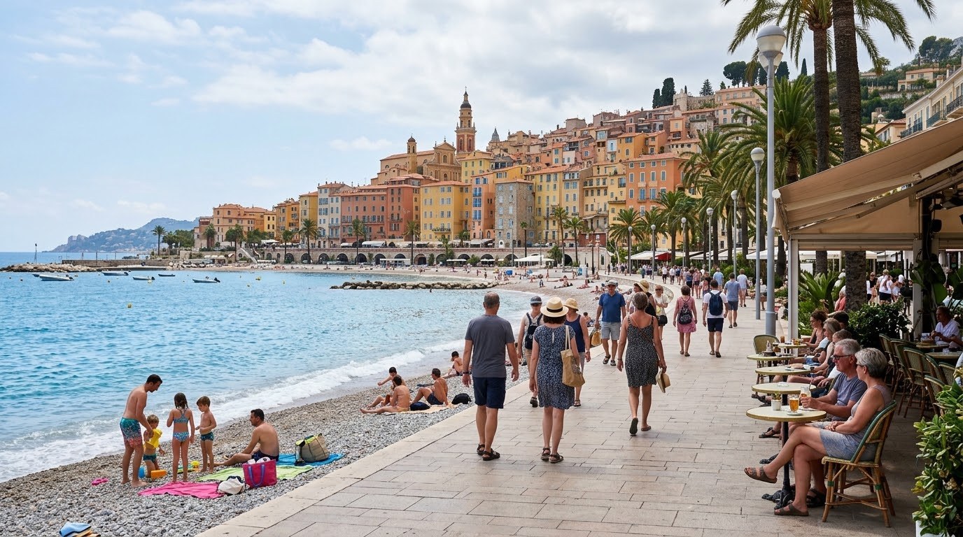 Couples, families and walkers along the Menton seafront and Promenade du Soleil