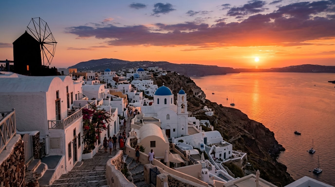 Oia in Santorini with blue domes and windmill on the caldera at sunset