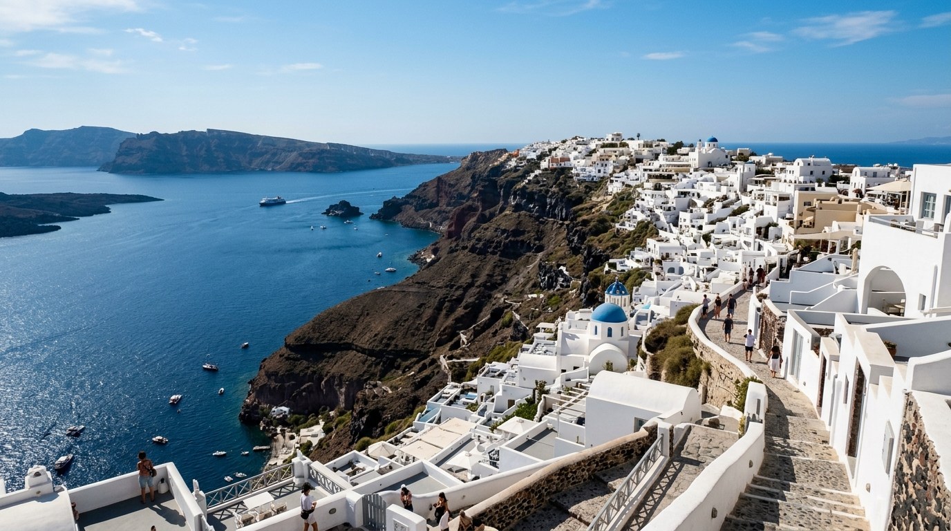 Fira town perched on the volcanic caldera cliffs of Santorini