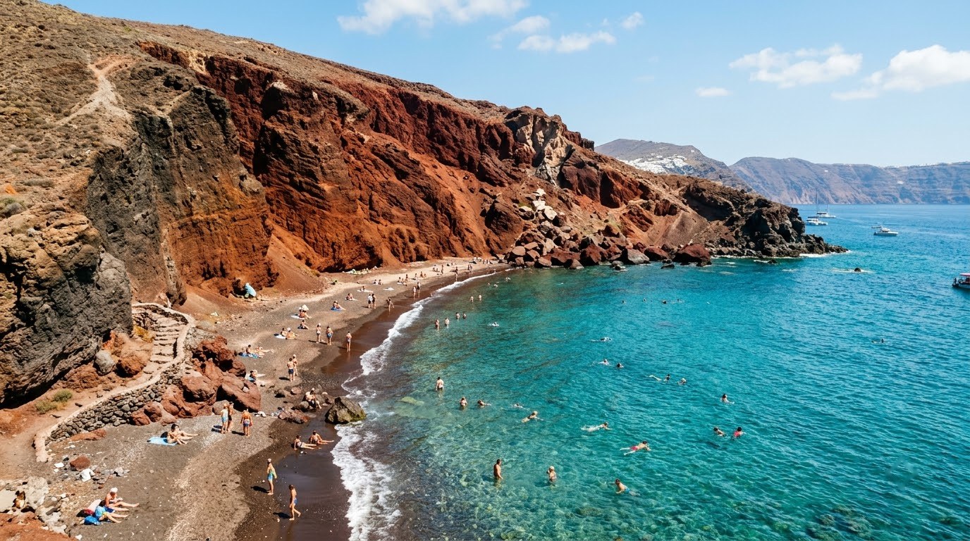 Red Beach on Santorini with rust-red volcanic cliffs and turquoise water