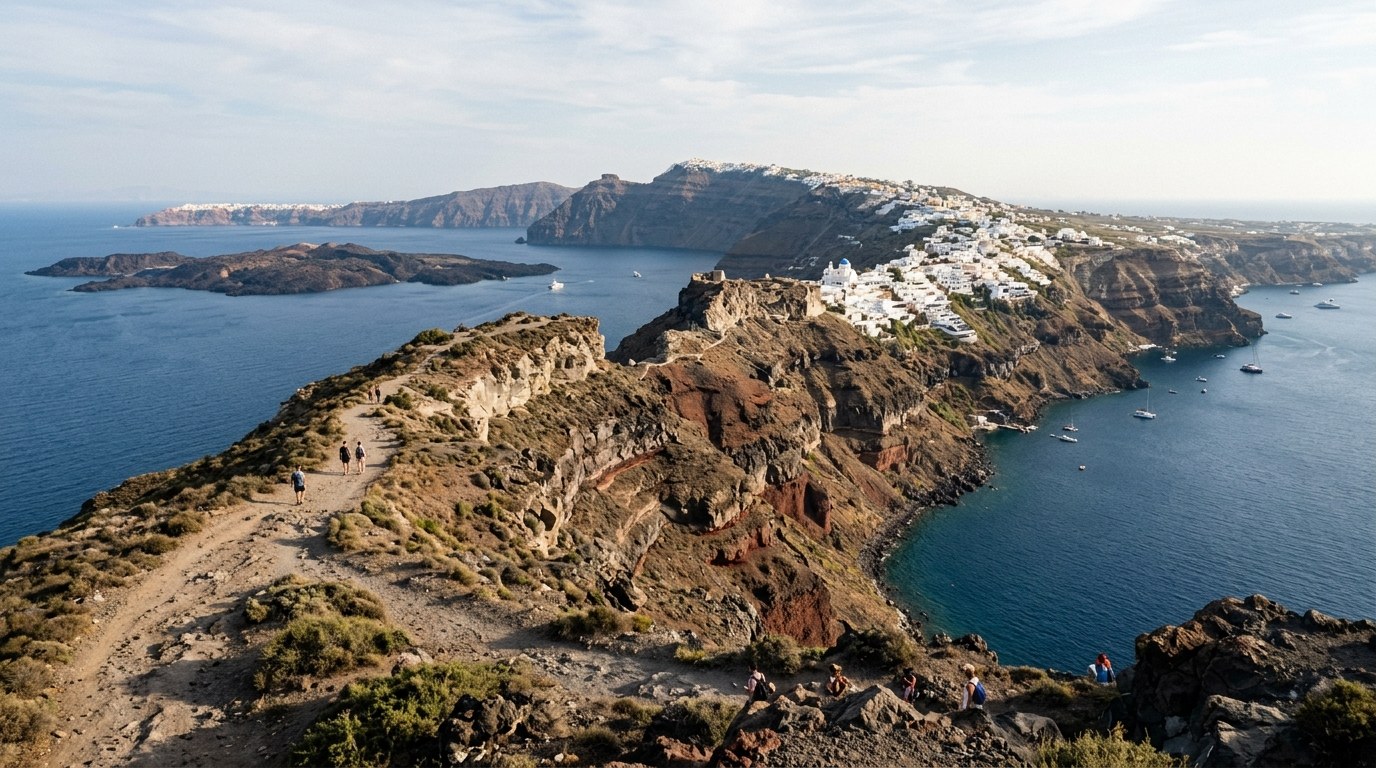 Santorini caldera and Skaros Rock seen from the Fira to Oia trail