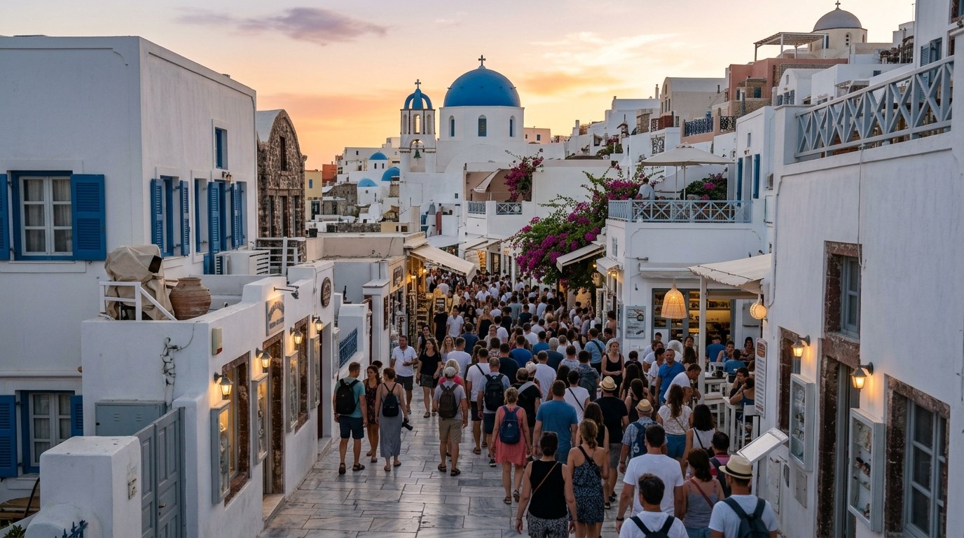 Crowded marble lane in Oia, Santorini packed with tourists before sunset