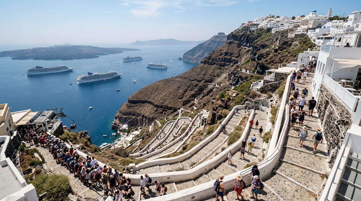 Fira old port steps and cable car queue beneath Santorini caldera cliffs