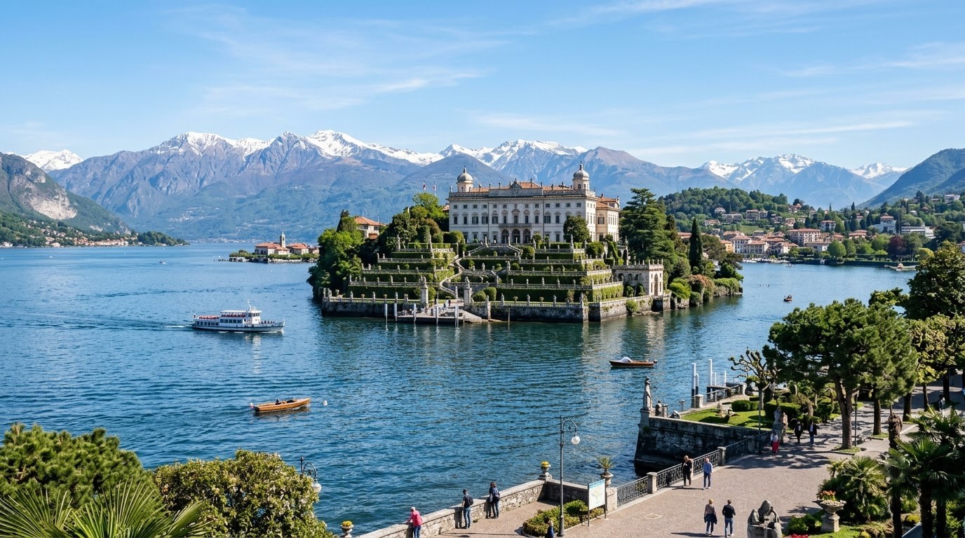 Isola Bella island palace on Lake Maggiore seen from Stresa