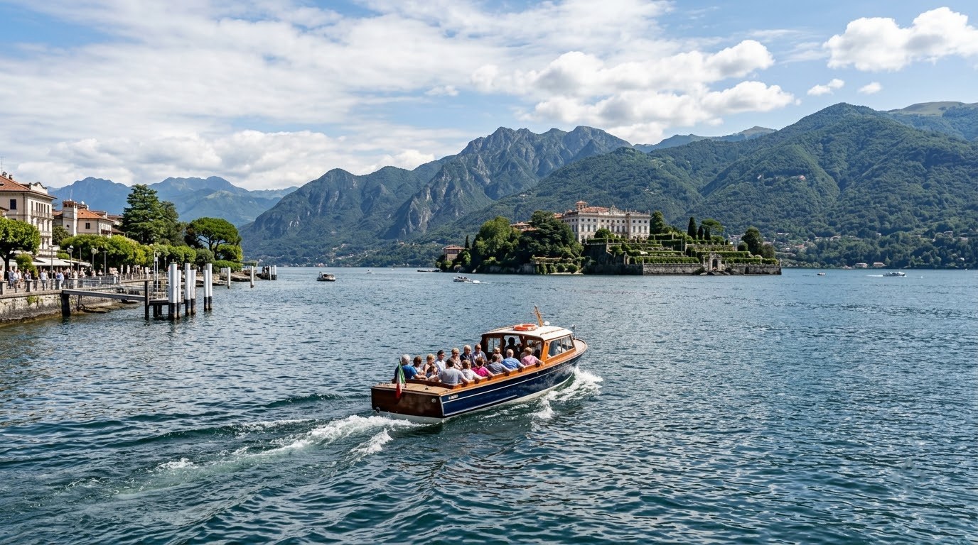 Boat leaving Stresa pier toward Isola Bella on Lake Maggiore