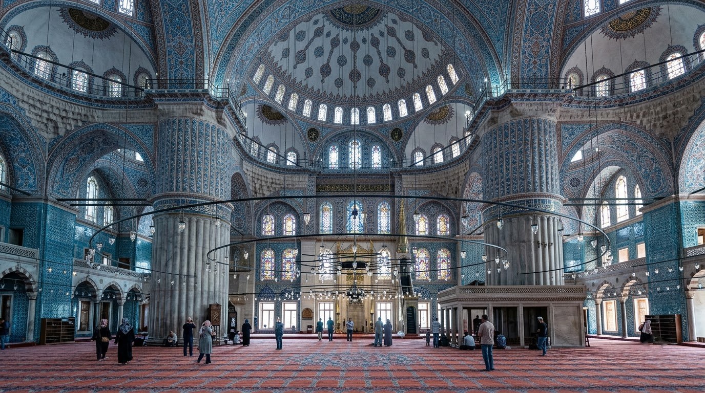 Interior of the Blue Mosque in Istanbul with Iznik tiled domes