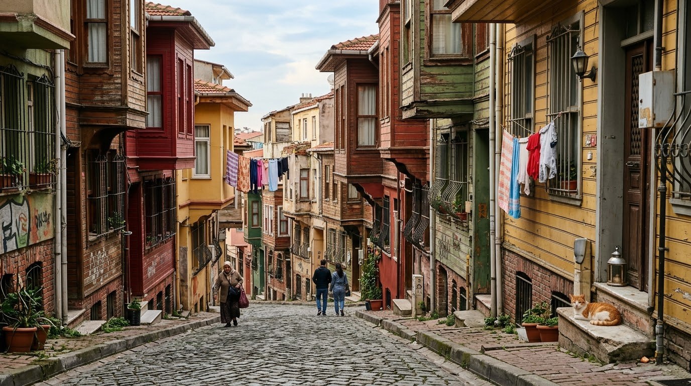 Colourful Ottoman houses on a steep cobbled street in Balat, Istanbul