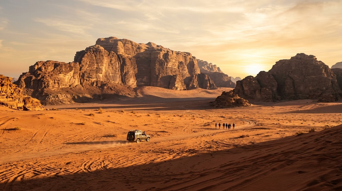 Jeep crossing Wadi Rum red desert beneath sandstone mountains in Jordan