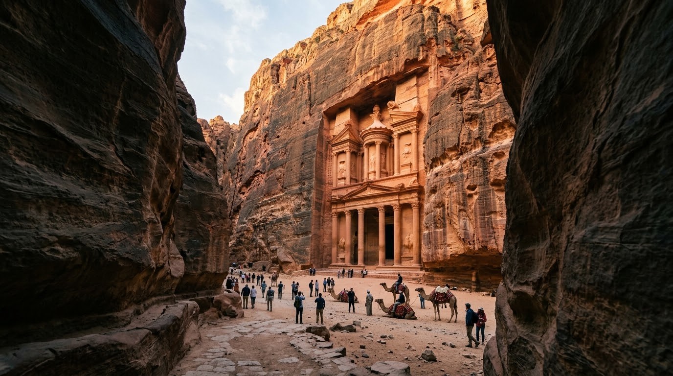 Petra Treasury in Jordan seen from the narrow Siq canyon