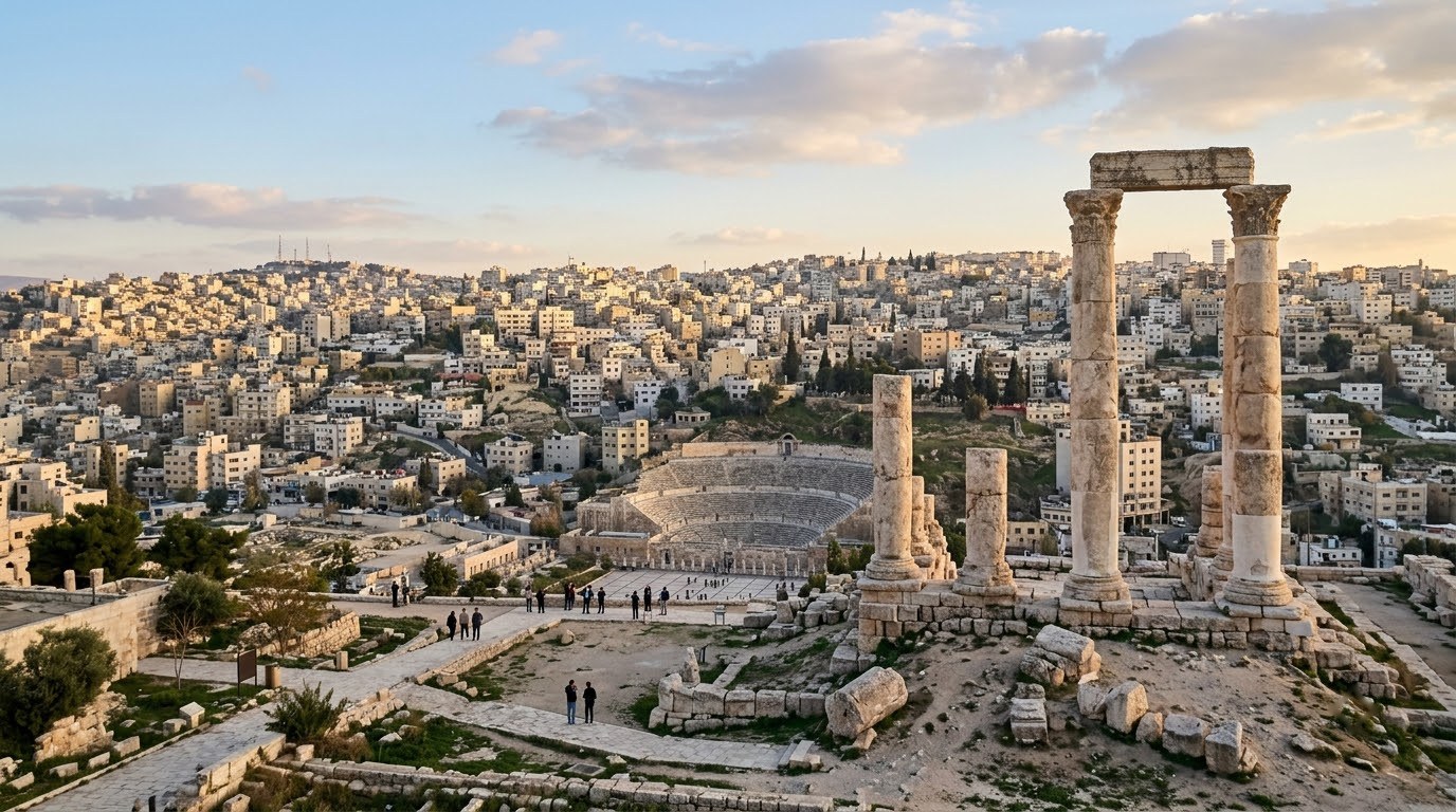 Temple of Hercules columns on Amman Citadel overlooking downtown Amman
