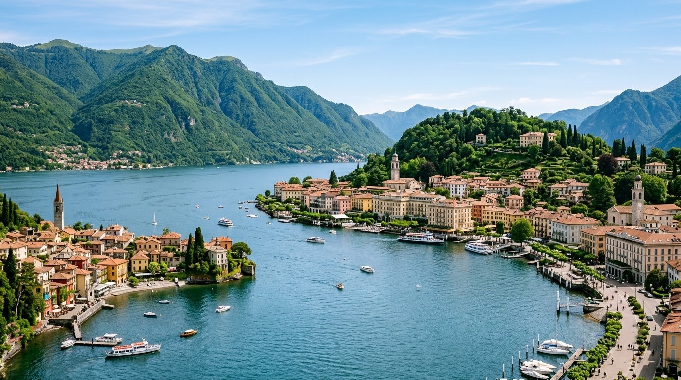 Lake Como shoreline with Bellagio, Varenna and Menaggio villa hotels