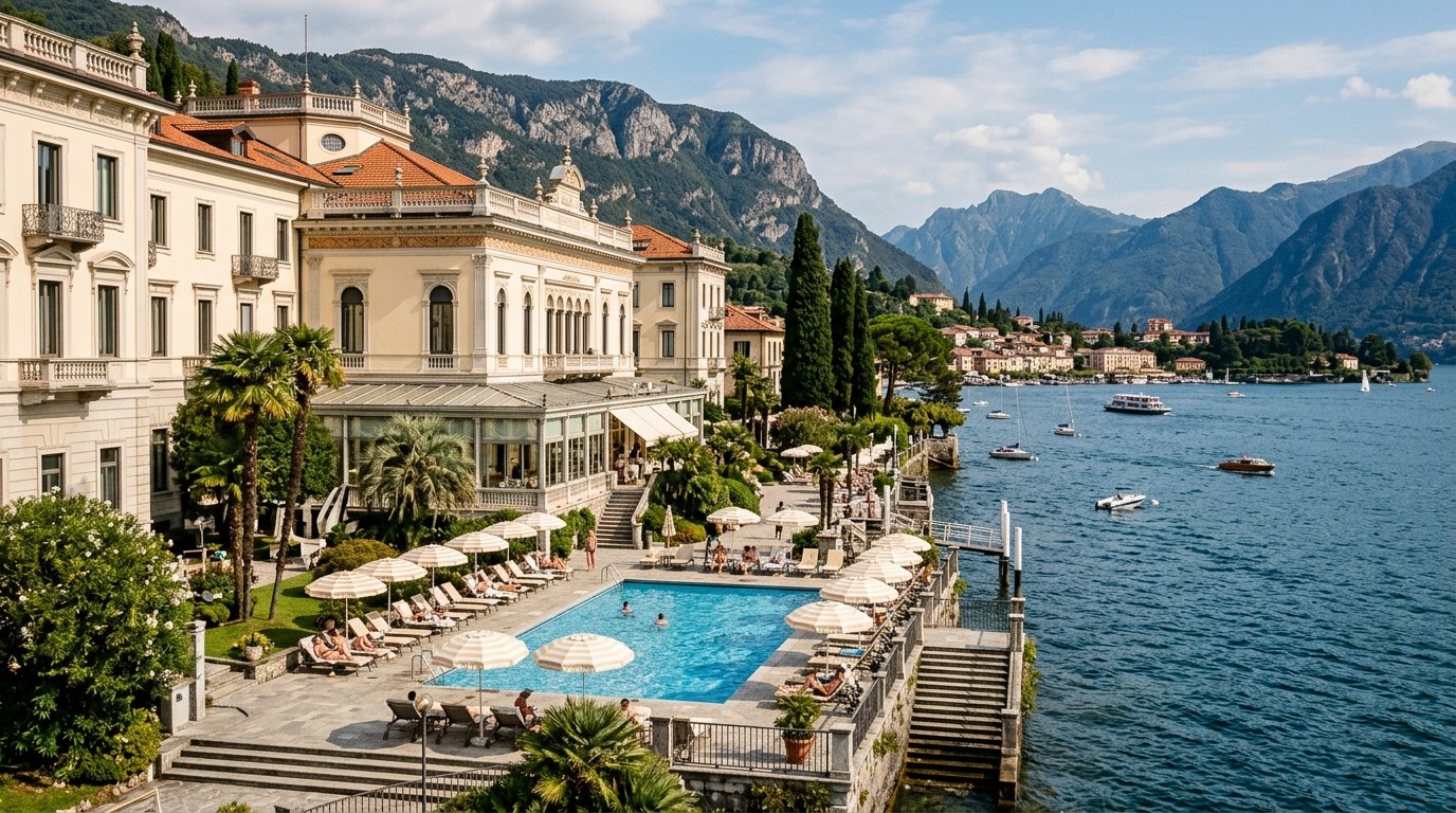 Grand villa hotel terrace and pool on the lakefront in Bellagio, Lake Como