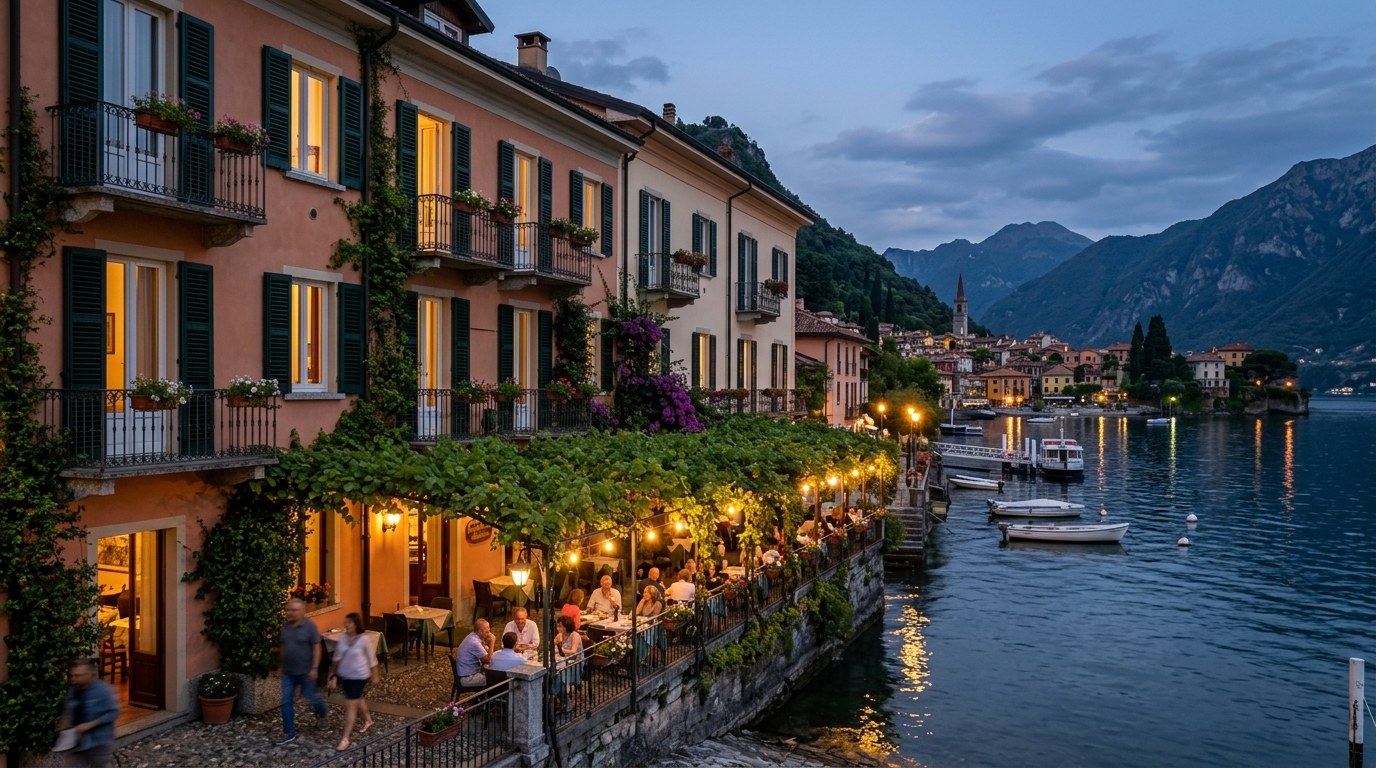 Quiet pastel hotel with lakeside terrace in Varenna, Lake Como