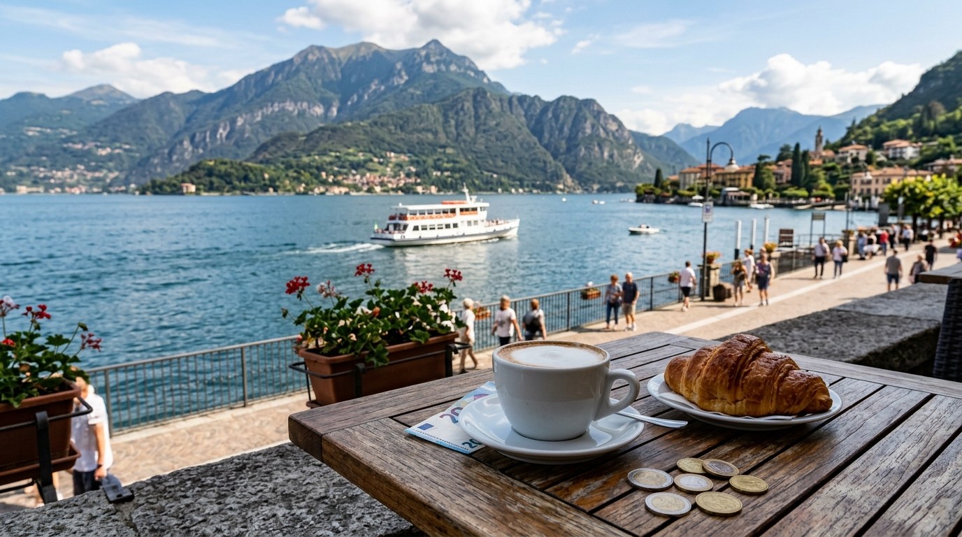 Coffee with euro coins at a lakeside cafe in Menaggio, Lake Como