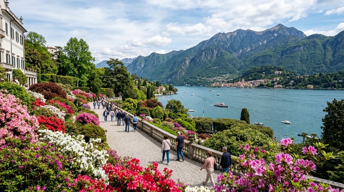 Spring azaleas at Villa Carlotta gardens in Tremezzo on Lake Como
