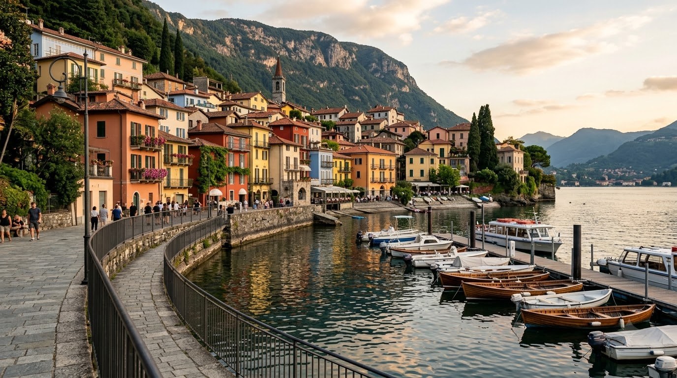 Pastel houses and small boats in Varenna harbour on Lake Como