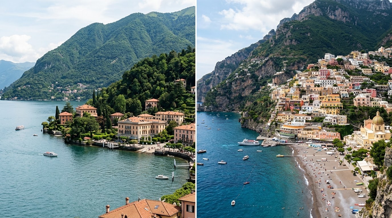 Diptych comparing Lake Como villas with Positano cliffs on the Amalfi Coast