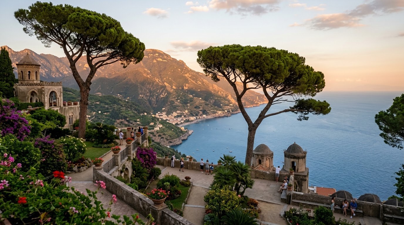 Villa Rufolo terrace in Ravello overlooking the Amalfi Coast at dusk